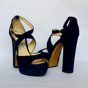 JIMMY CHOO NAVY BLUE SUEDE APRIL 120 PLATFORM HEELS